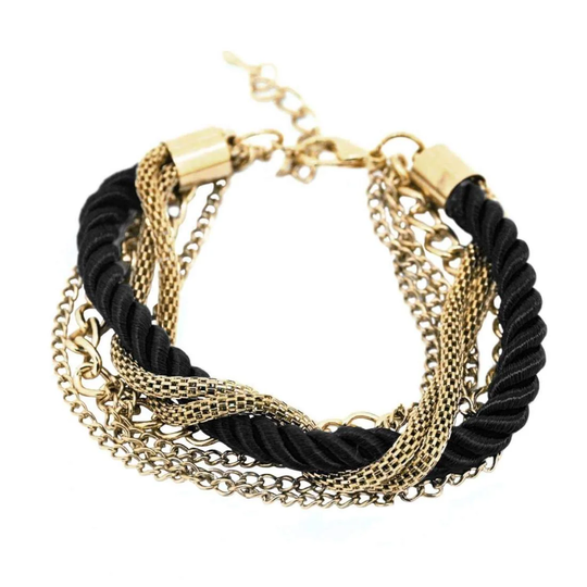 Armband, Tvinnat Rep och Guldfärgade Kedjor - Svart