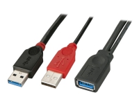 Lindy USB 3.0 Dual Power Kabel - USB-kabel - USB typ A, USB typ A (enbart ström) (hane) till USB typ A (hona) - USB 3.0 - 50 cm - svart, röd