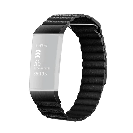 Svart armband i läder för Fitbit Charge 3/4 - large