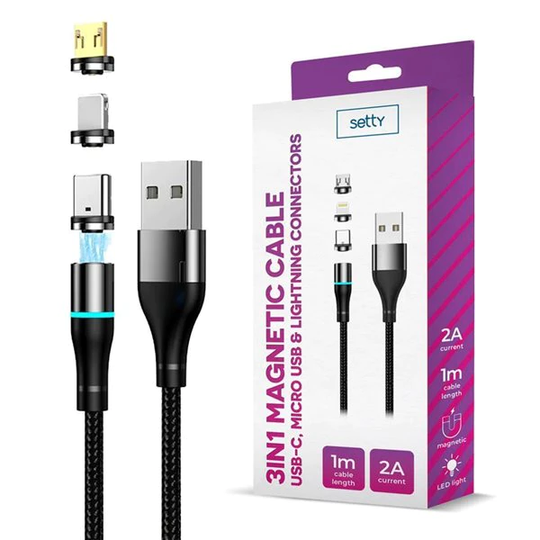 Setty Magnetisk USB-kabel 1m 2A - svart