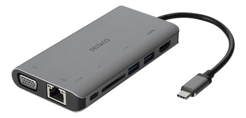 Deltaco USB-C till HDMI/VGA/USB/RJ45/SD-adapter - Grå