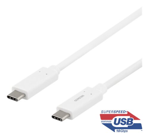 Deltaco USB 3.1 kabel, Typ C - Typ C, Gen 2, 1m - Vit