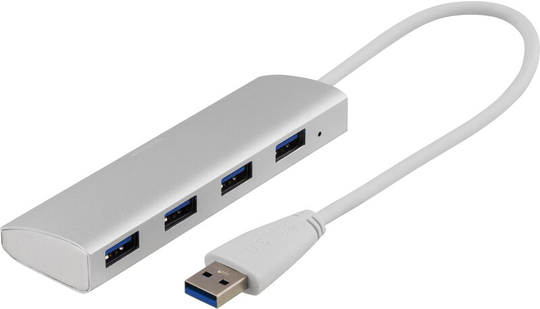Deltaco USB 3.0 hubb, 4xTyp A hona, aluminium, 0,3m, silver