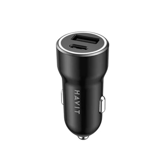 HAVIT HV-CC613 laddare till cigarettuttaget med USB & USB-C port - Svart